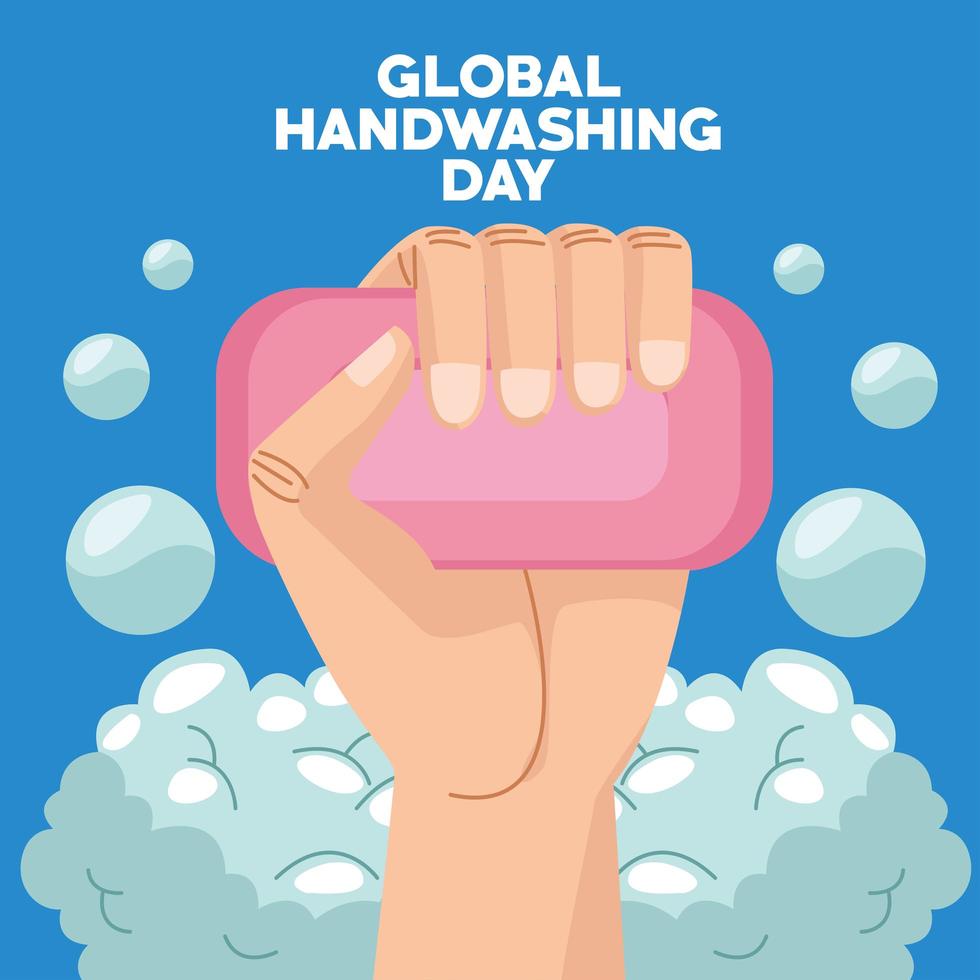 globale Handwaschkampagne mit Hand- und Seifenstück vektor