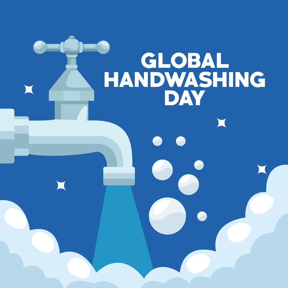 globale Handwaschkampagne mit Wasserhahn und Schaum vektor