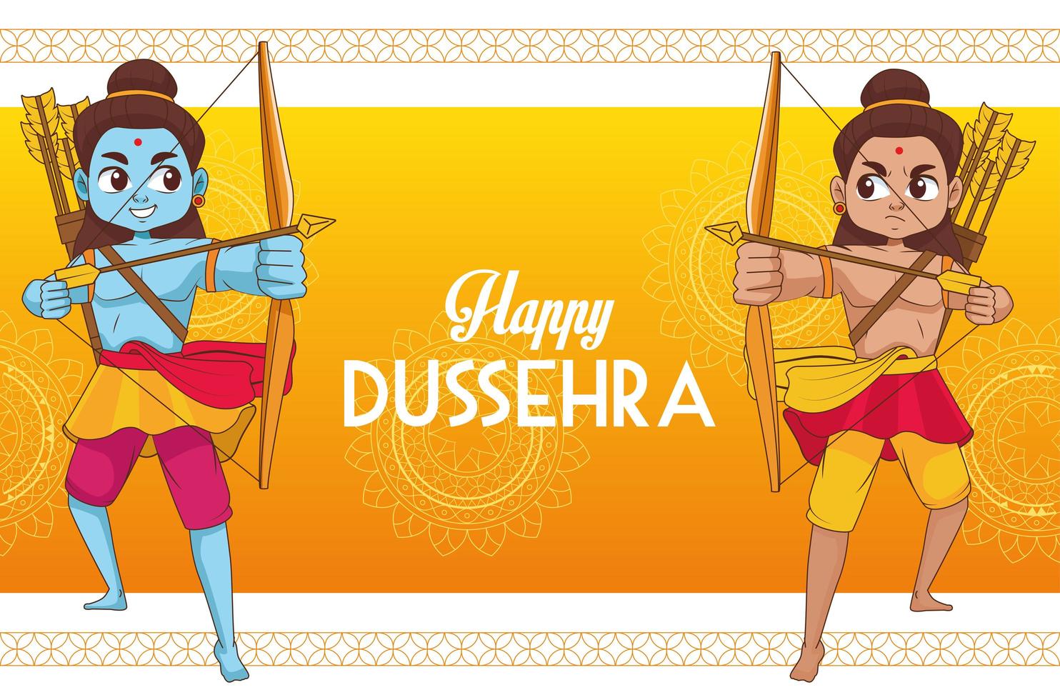 glückliches dussehra Festivalplakat mit zwei rama Zeichen und Beschriftung vektor