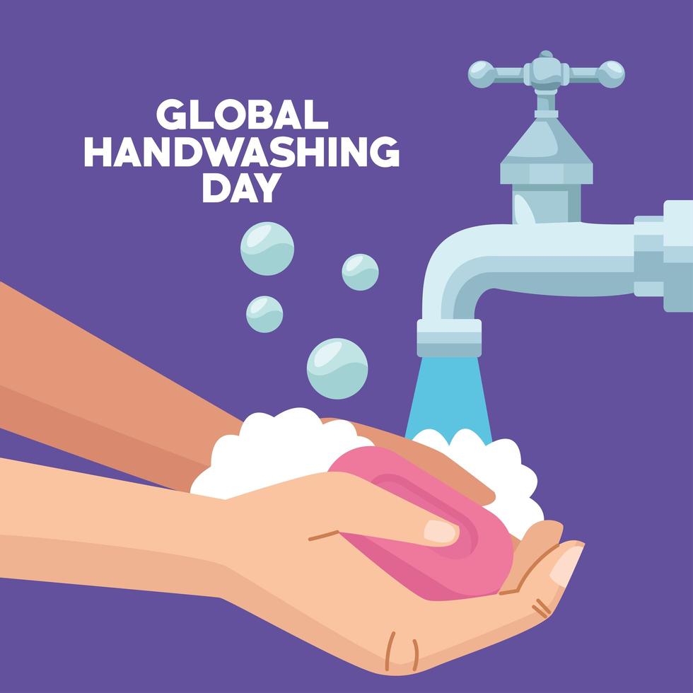 globale Handwasch-Tageskampagne mit Händen unter Verwendung von Seifenstück und Wasserhahn vektor