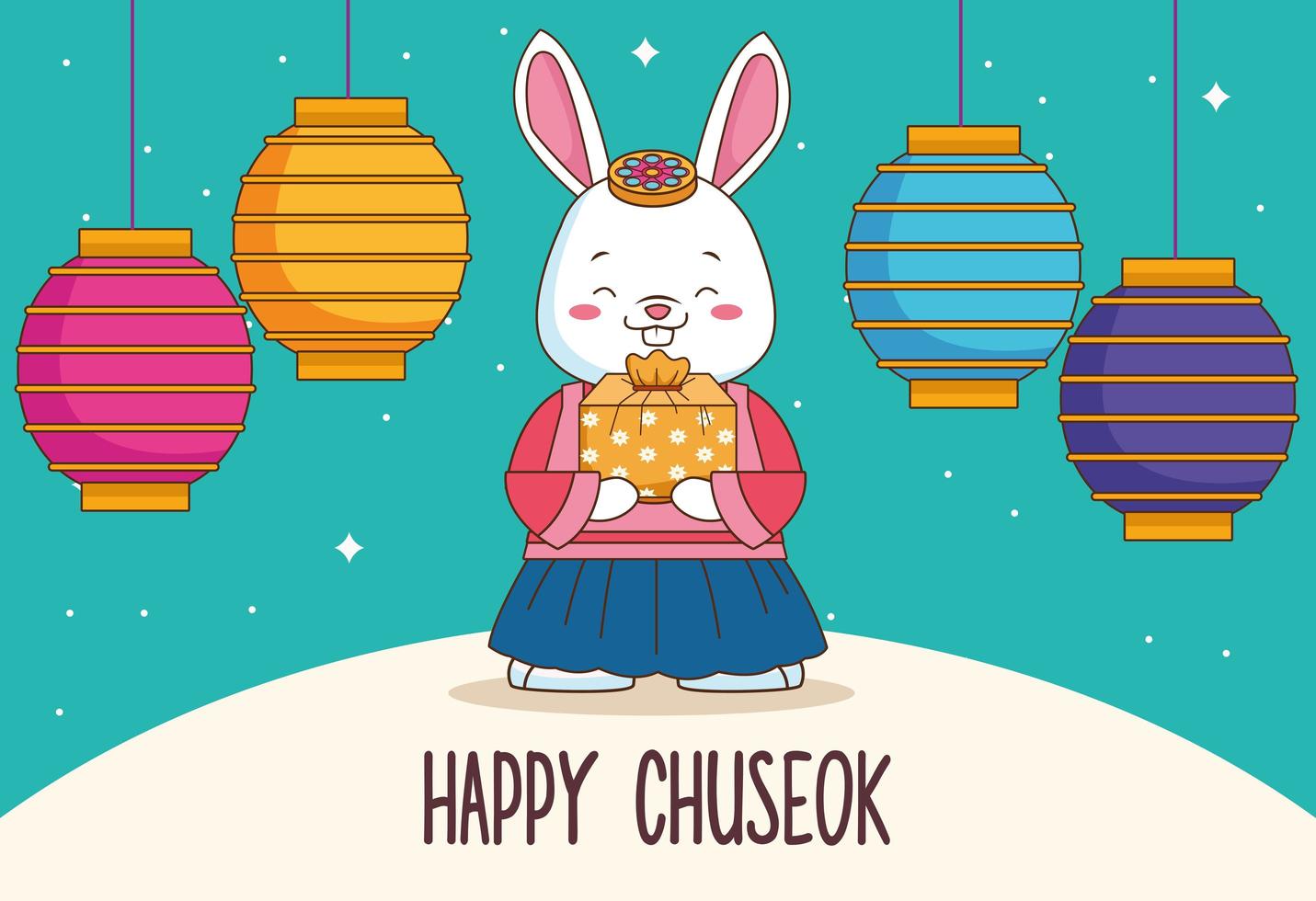 glad chuseok firande med kaninlyft gåva och lampor hängande vektor