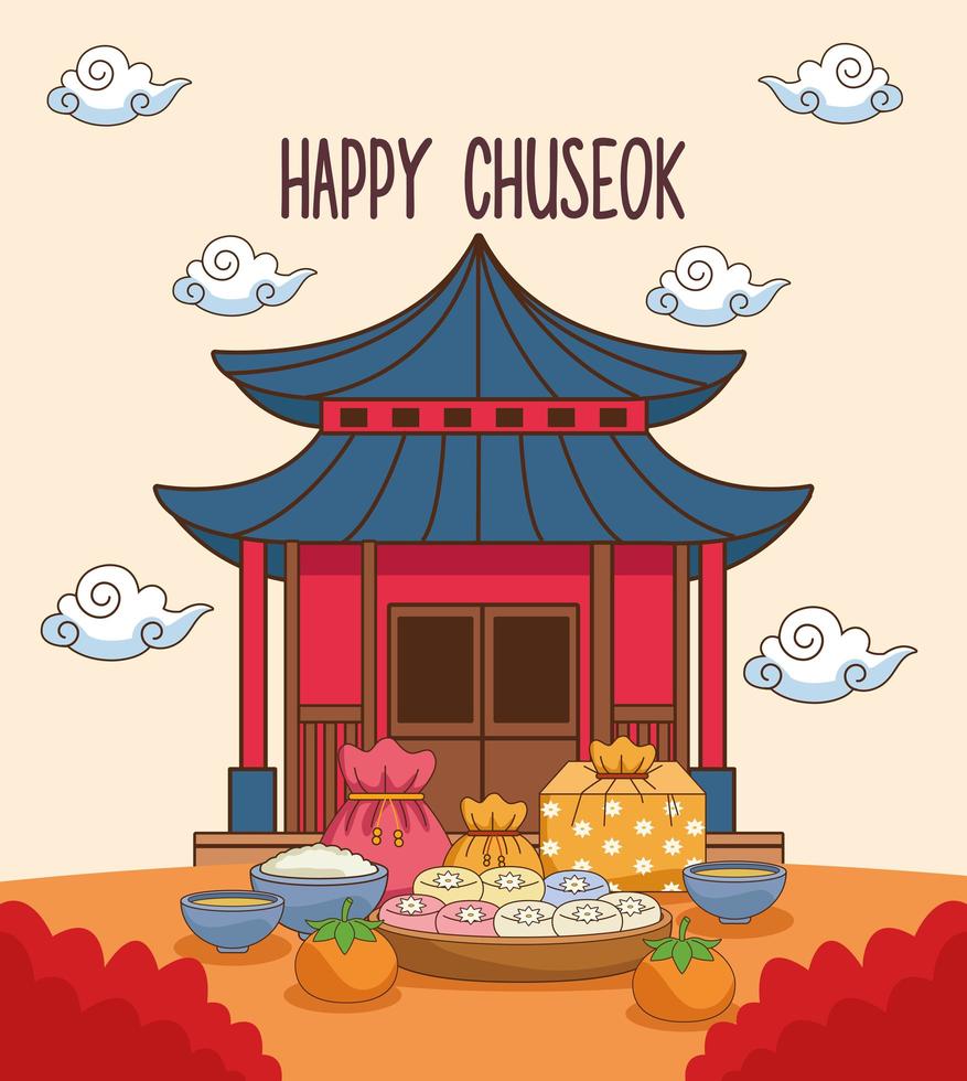 fröhliche Chuseok-Feier mit chinesischem Gebäude und Essen vektor