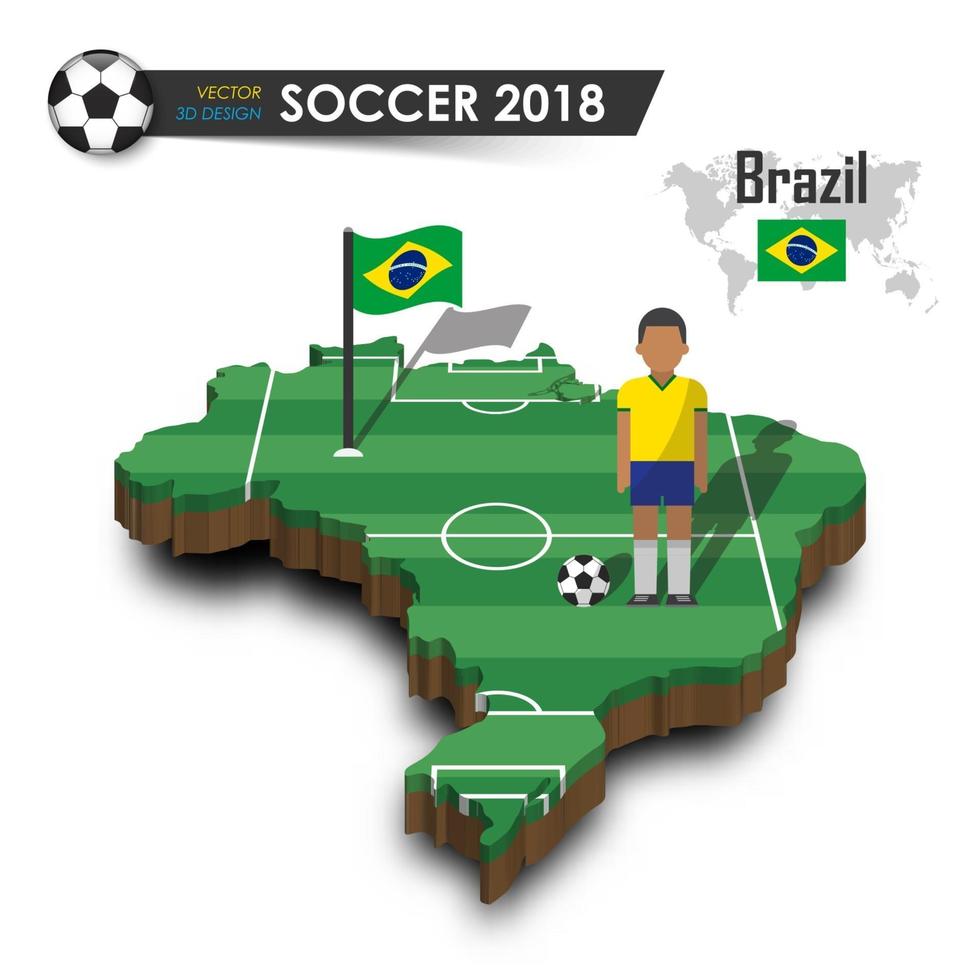 Brasilien fotbollsspelare och flagga på landskarta 3d design landskarta isolerade bakgrundsvektor för internationellt världsmästerskapsturnering 2018 koncept vektor