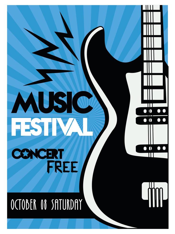 Musikfestivalplakat mit E-Gitarreninstrument in blauem Hintergrund vektor