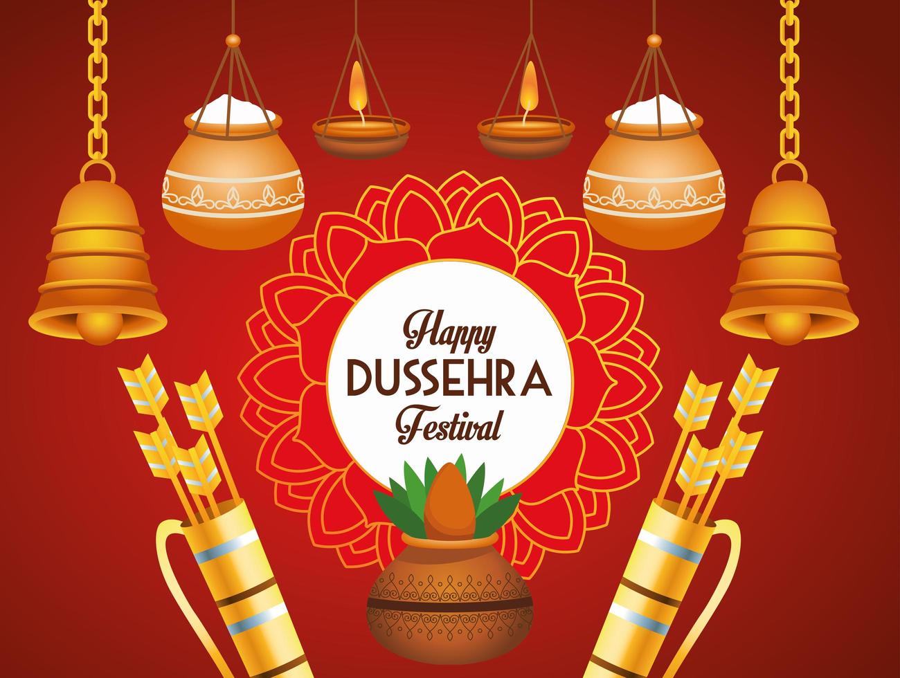Happy Dussehra Festival Poster mit hängenden Glocken und Pfeiltaschen vektor
