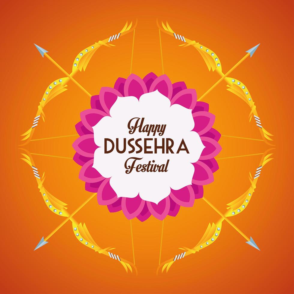 Happy Dussehra Festival Poster mit gekreuzten Pfeilen im orangefarbenen Hintergrund vektor