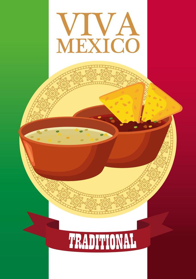 Viva Mexico Schriftzug und mexikanisches Essen Poster mit Nachos in Saucen vektor