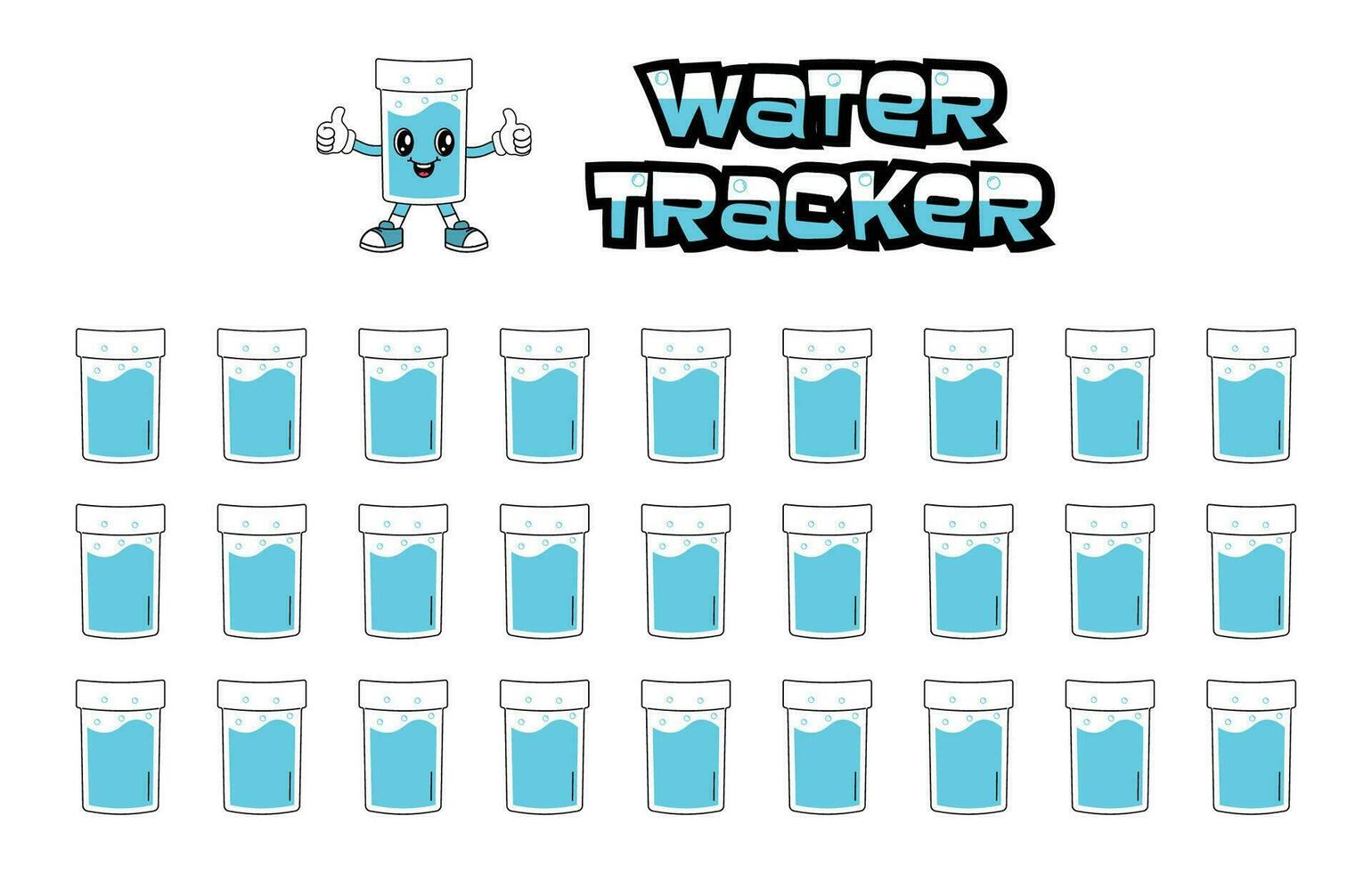 dagligen vatten tracker balans vektor kalender. vana tracker begrepp och för effektiv planera. dricka tillräckligt vatten, hydratisering utmaning. söt karaktär i retro häftig stil.