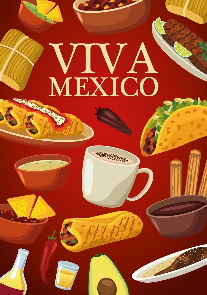 Viva Mexico Schriftzug und mexikanisches Essen Poster mit Menü in rotem Hintergrund vektor