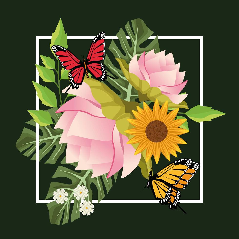 blommig bakgrund i fyrkantig ram med fjärilar och blommor vektor