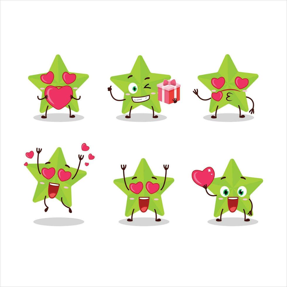 Neu Grün Sterne Karikatur Charakter mit Liebe süß Emoticon vektor
