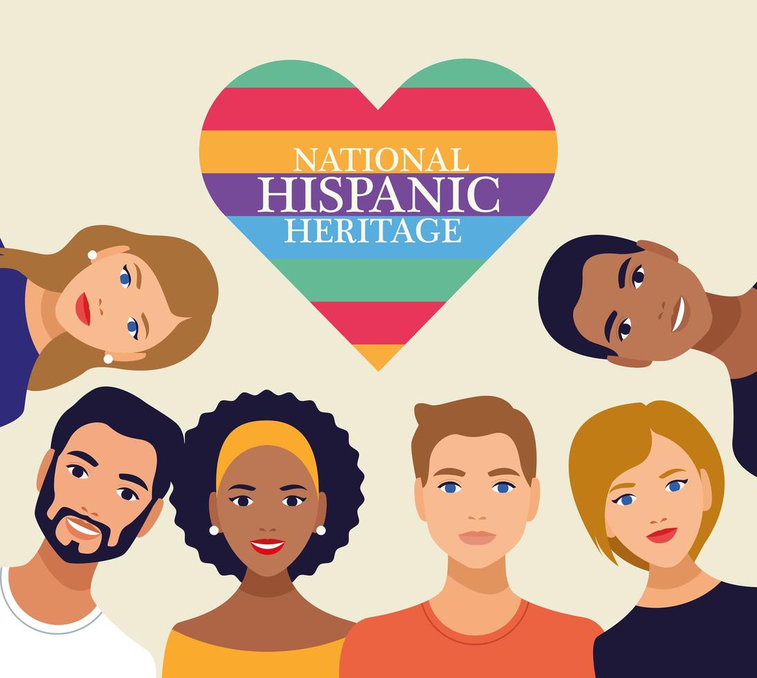 nationellt hispanic arv firande med människor och bokstäver i hjärtat vektor