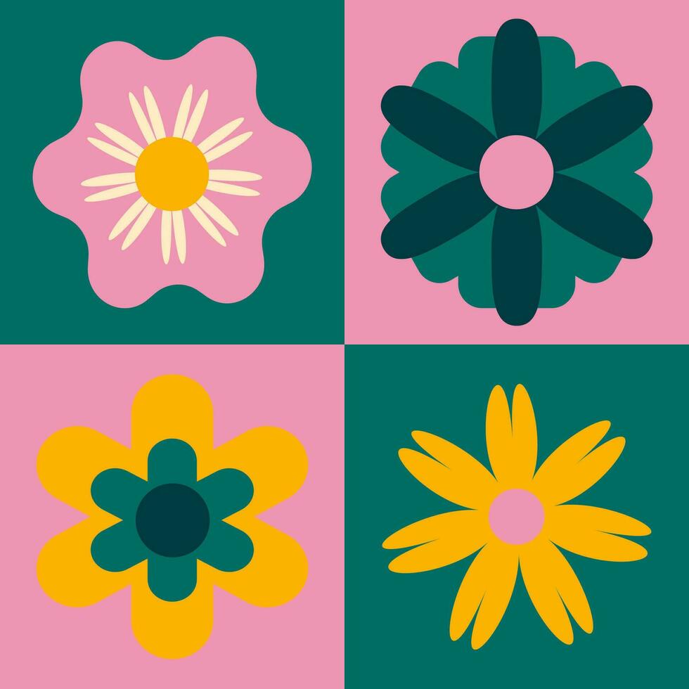 trendig årgång fyrkant affisch i retro färger. flerfärgad ljus block och blommor, gul grön och rosa. affisch i de stil av de 90-talet, 00-talet, y2k. vektor