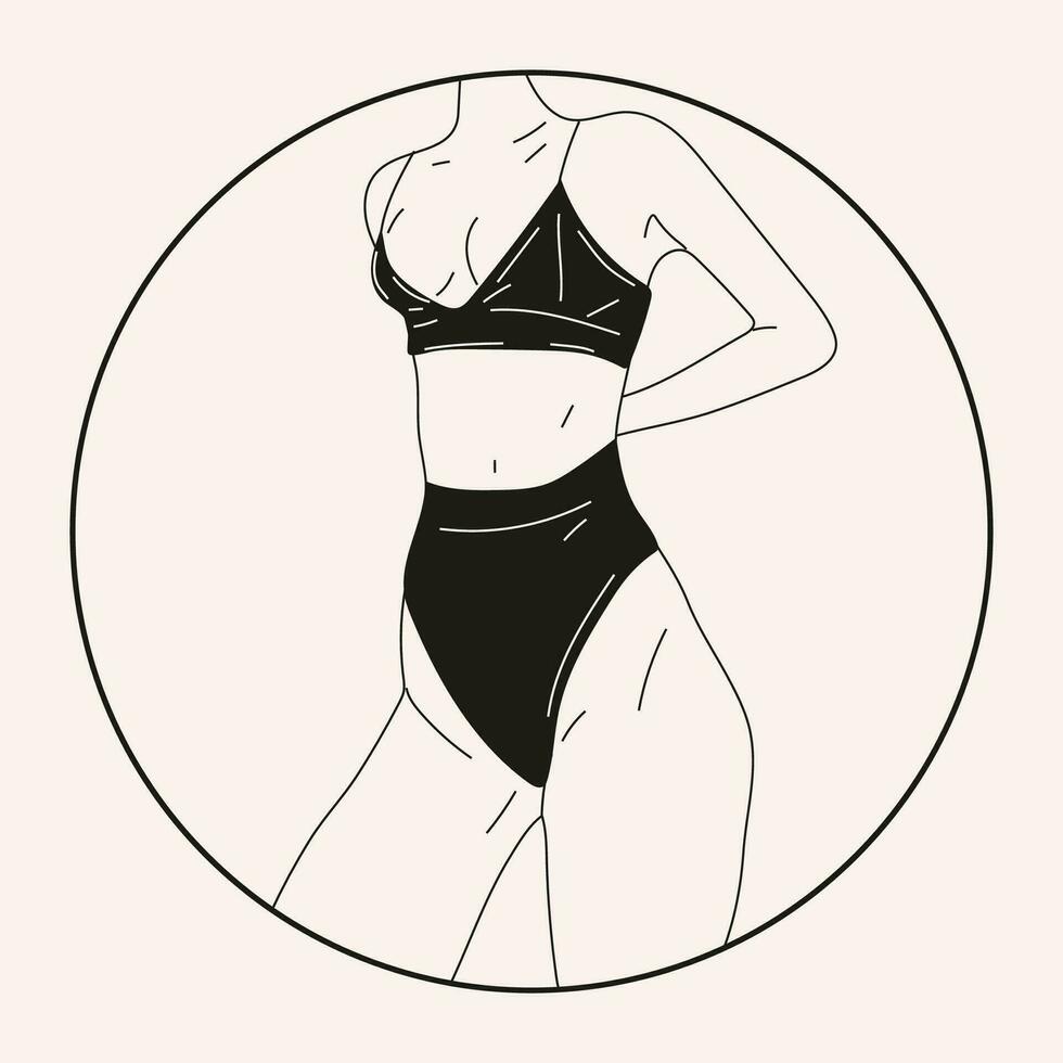 svart och vit kvinna i bikini . strand underkläder. kärlek och acceptera några kropp typ. friska kropp, kropp positiv, fett godkännande rörelse, livsstil och mode begrepp. hand dragen vektor illustration