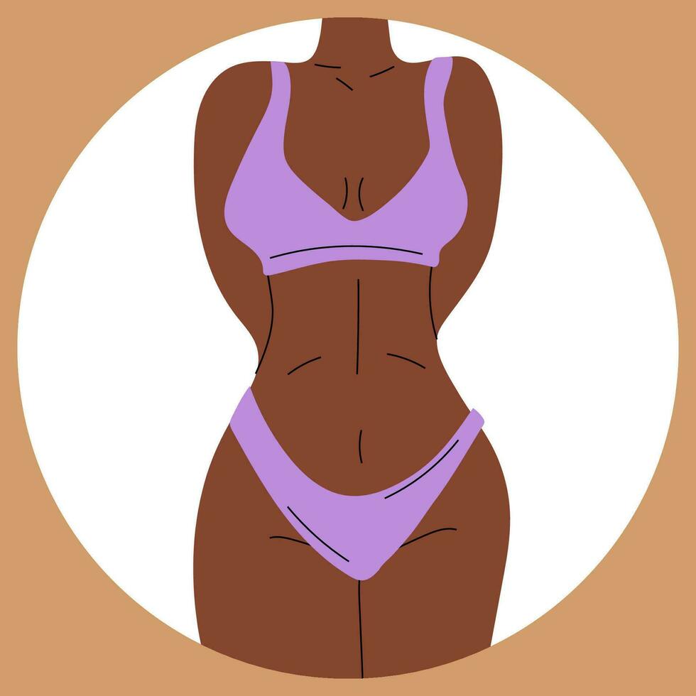 Frau im Bikini. Strand Unterwäsche. Liebe und akzeptieren irgendein Körper Typ. gesund Körper, Körper positiv, Fett Annahme Bewegung, Lebensstil und Mode Konzept. Hand gezeichnet Vektor Illustration