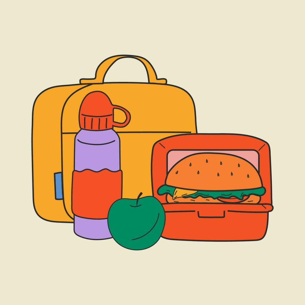 skola lunch låda, behållare. olika mat. hand dragen vektor illustration. isolerat element, design mallar. friska mat begrepp