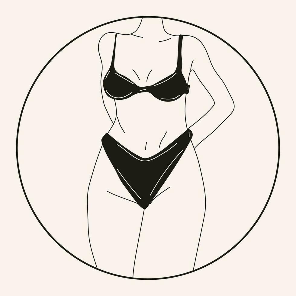 schwarz und Weiß Frau im Bikini . Strand Unterwäsche. Liebe und akzeptieren irgendein Körper Typ. gesund Körper, Körper positiv, Fett Annahme Bewegung, Lebensstil und Mode Konzept. Hand gezeichnet Vektor Illustration