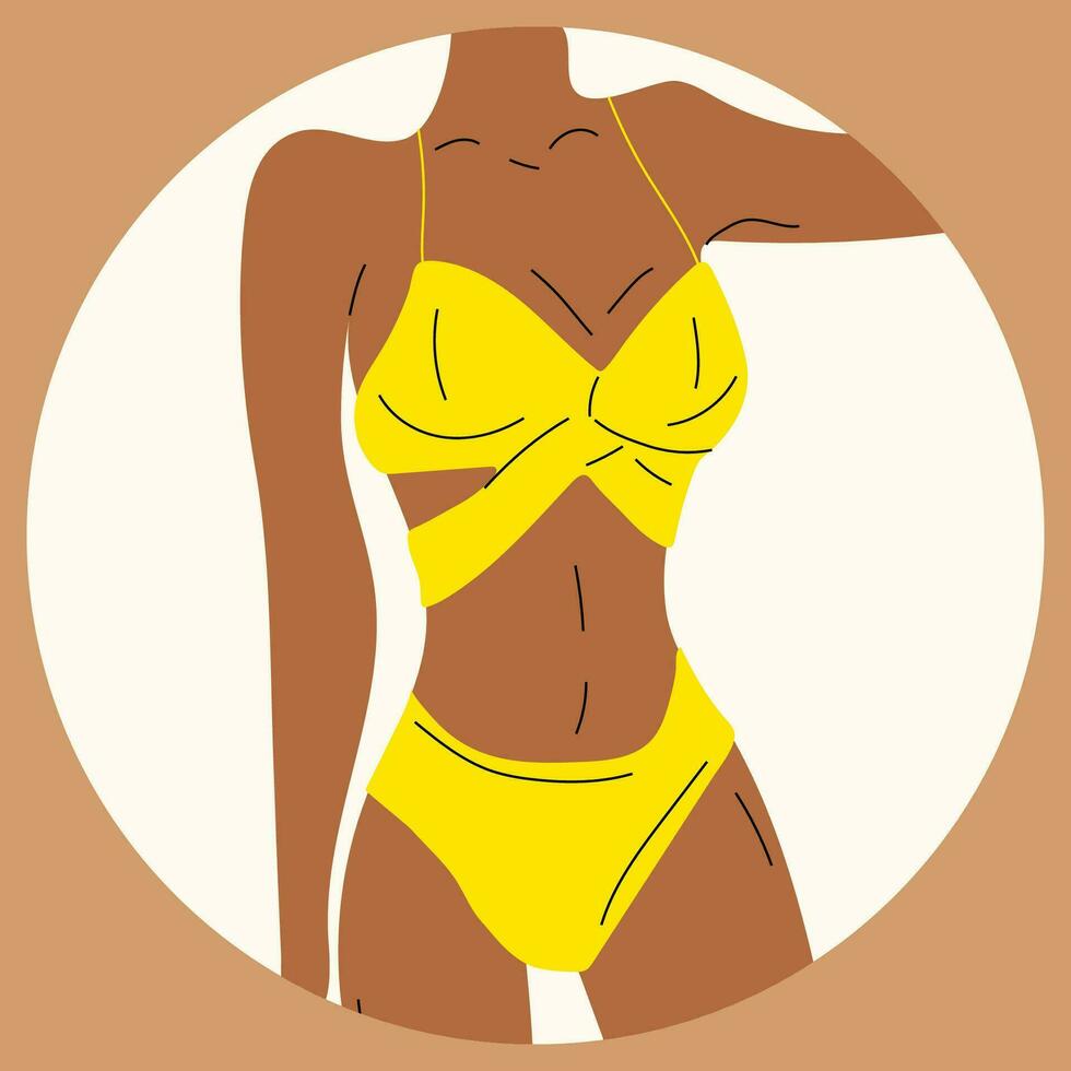 Frau im Bikini. Strand Unterwäsche. Liebe und akzeptieren irgendein Körper Typ. gesund Körper, Körper positiv, Fett Annahme Bewegung, Lebensstil und Mode Konzept. Hand gezeichnet Vektor Illustration