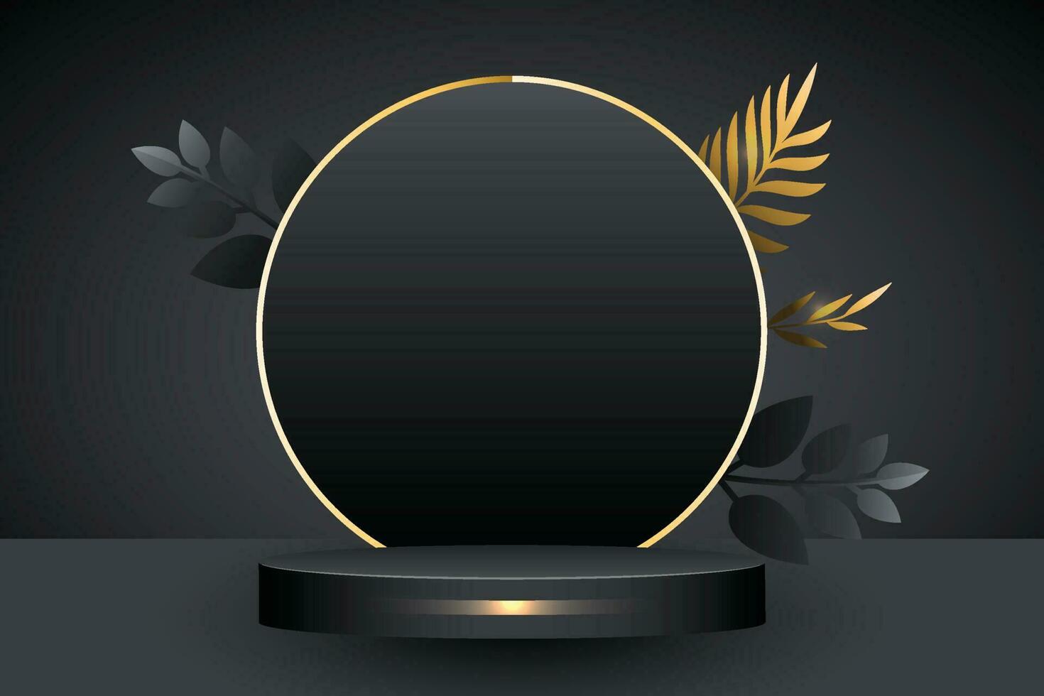 abstrakt gyllene och svart skede podium - lyx modern plattform för produkt visa reklam med cirkel ringar och löv bakgrund vektor
