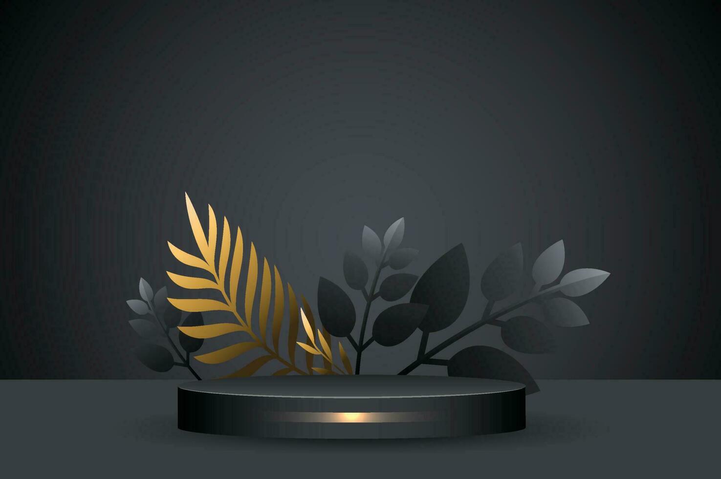 abstrakt golden und schwarz Bühne Podium - - Luxus modern Plattform zum Produkt Anzeige Werbung mit Kreis Ringe und Blätter Hintergrund vektor