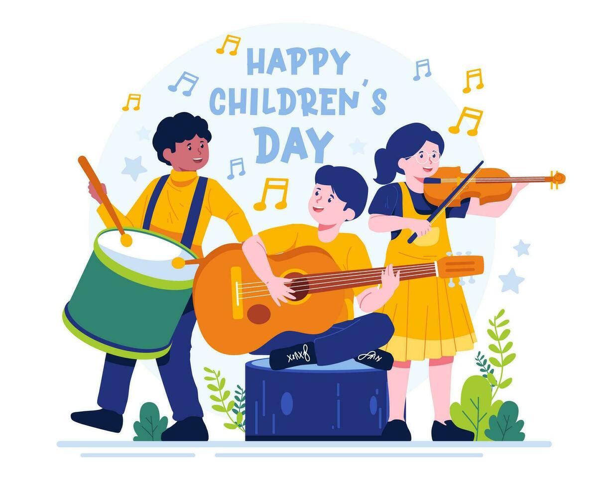 glücklich Kinder- Tag Konzept Illustration. Kinder sind spielen Musical Instrumente zusammen. süß Jungs abspielen Gitarre und Schlagzeug, und ein süß Mädchen Theaterstücke das Violine vektor