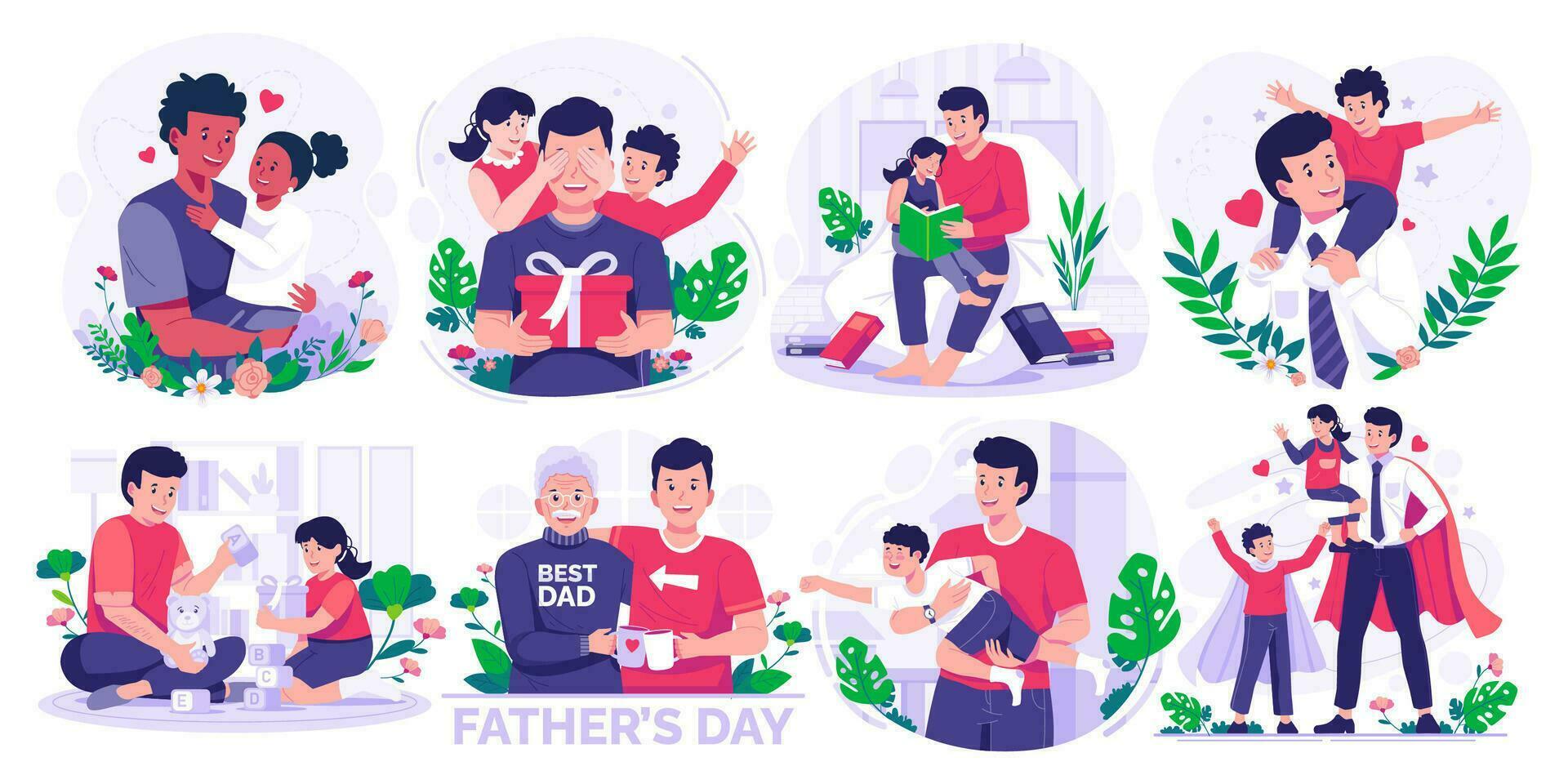 Illustration einstellen von Vaters Tag. Vater, Tochter, und Sohn. Vektor Illustration