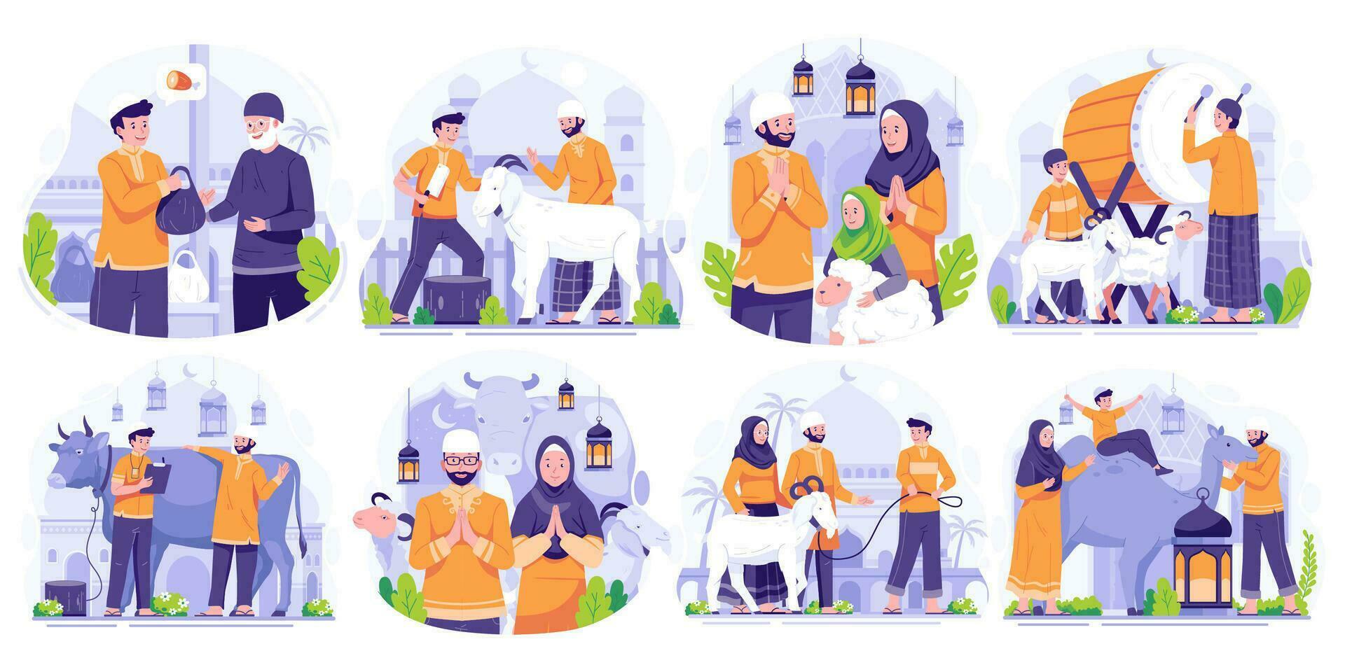 illustration uppsättning av Lycklig eid al Adha mubarak. muslim människor fira eid al adha. vektor illustration