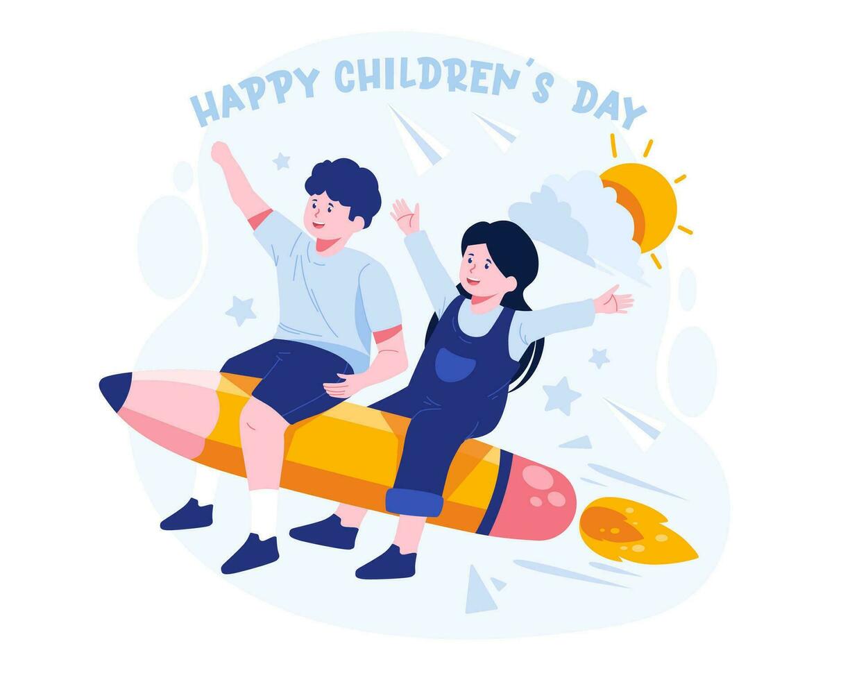 Lycklig barns dag. barn ridning en penna raket i de himmel. söt pojke och flicka ridning en flygande penna tillsammans. vektor illustration i platt stil