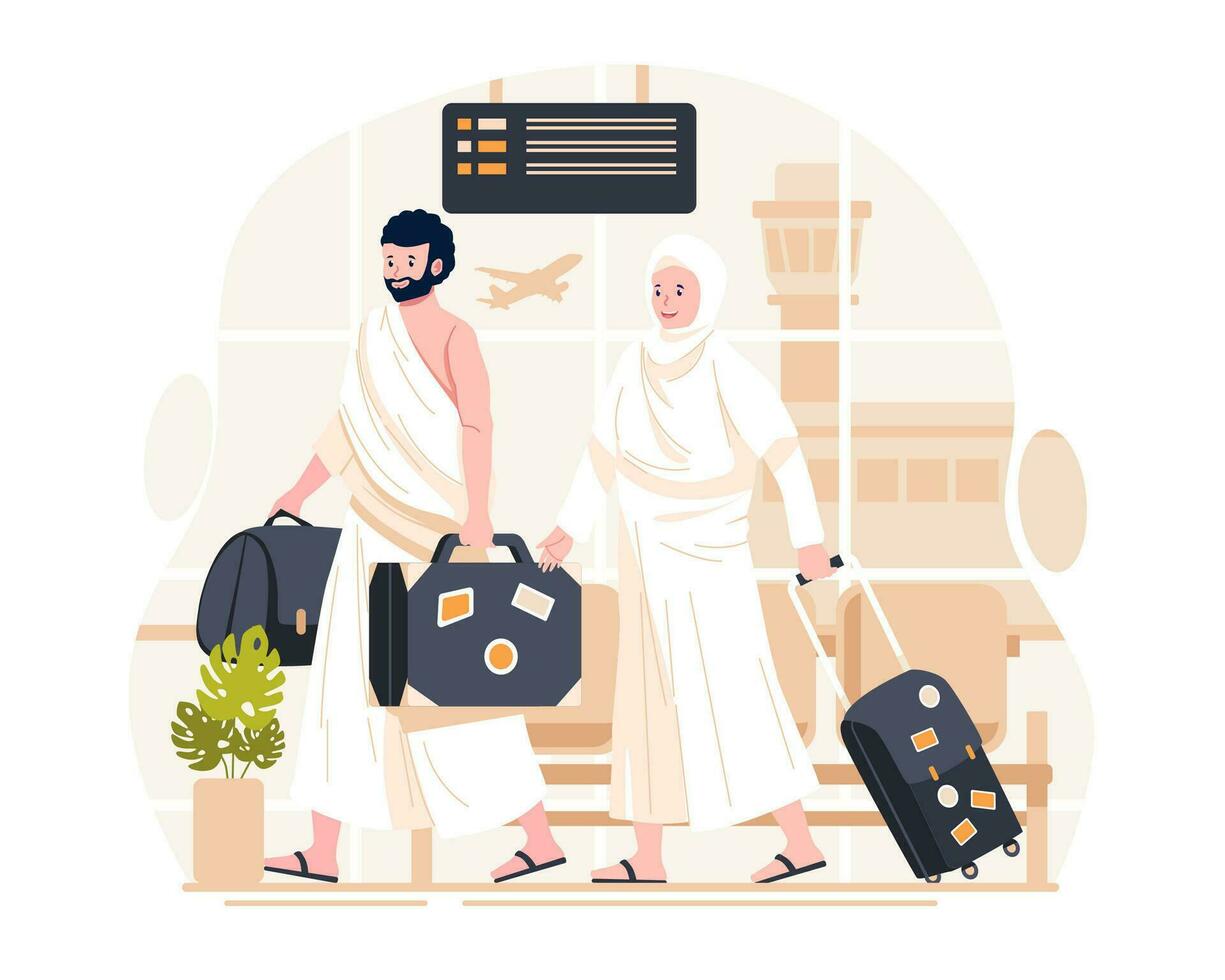 islamisch hajj Pilgerfahrt. ein Muslim Paar von Pilger tragen ihram Kleider mit ein Koffer gerade ist eingetroffen beim das Flughafen im Mekka. Vektor Illustration im eben Stil