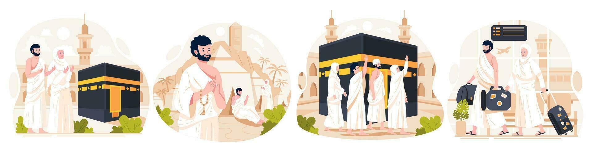 Illustration einstellen von islamisch hajj Pilgerfahrt. Muslim Menschen führt aus islamisch hajj Pilgerfahrt. Mann und Frau hajj Zeichen tragen ihram Kleider mit ein Kaaba Hintergrund. Vektor Illustration