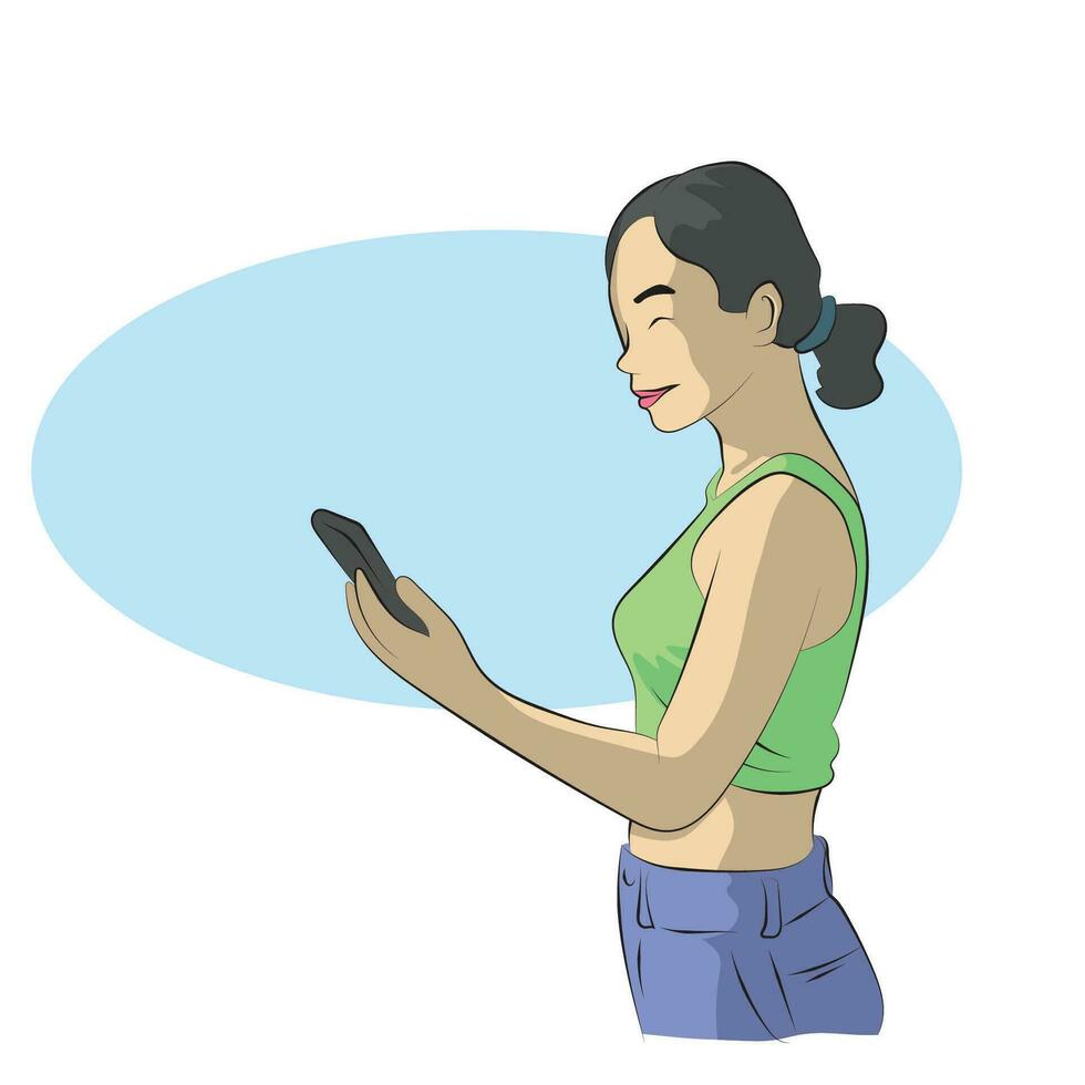 linje konst halv längd av asiatisk kvinna använder sig av smartphone illustration vektor hand dragen isolerat på vit bakgrund