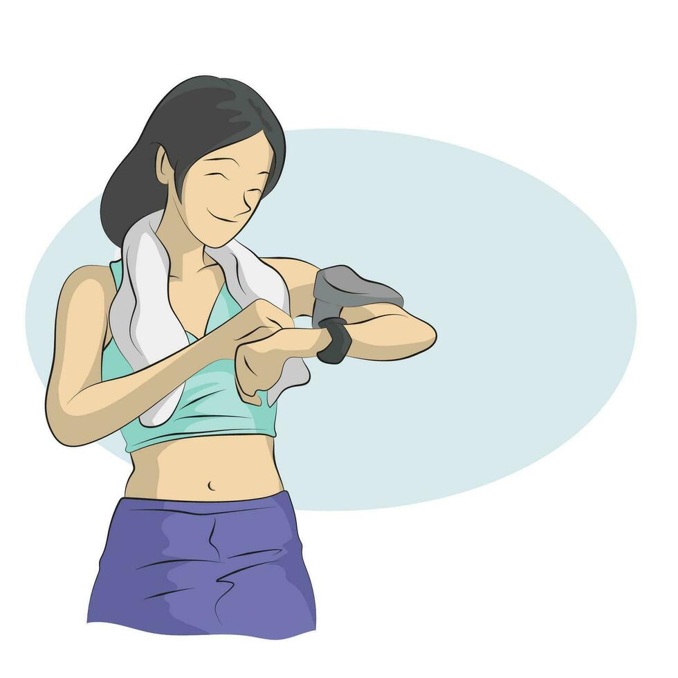 Linie Kunst Frau im Sport tragen suchen beim Clever Uhr Illustration Vektor Hand gezeichnet isoliert auf Weiß Hintergrund