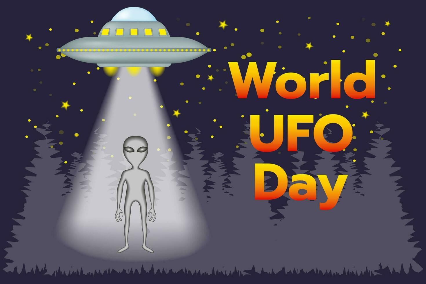 Poster Welt UFO Tag 2 Juli. UFO im das Nacht. Nacht Himmel, Stern, Außerirdischer, fliegend Untertasse, Fichte Wald. Vektor Illustration.