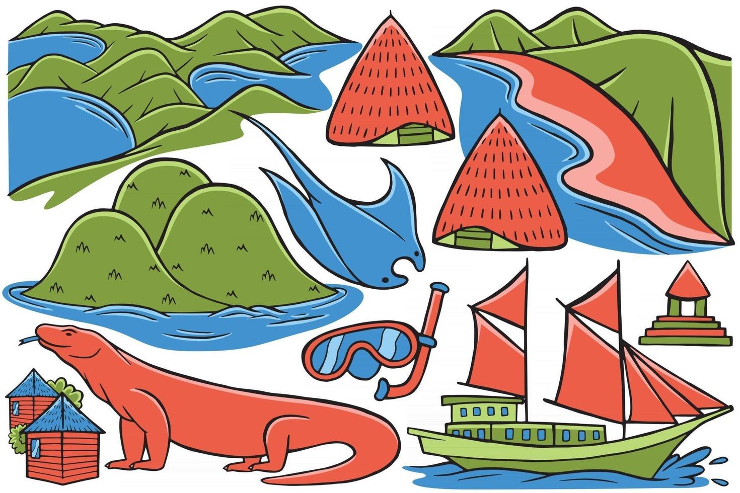 labuan bajo doodle vektor i platt designstil