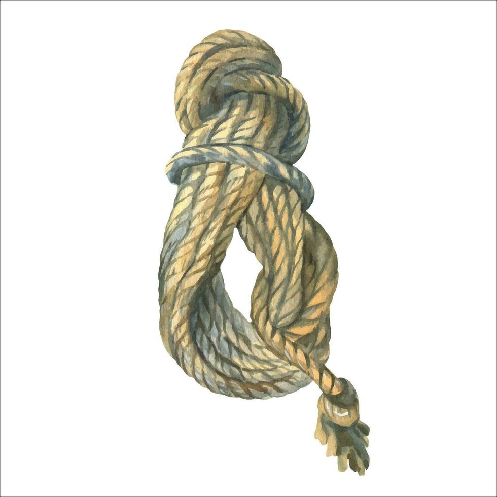 Aquarell Vektor Illustration von Seil rollen zum Camping isoliert auf Weiß Hintergrund. Marine Seil zum Ihre Design und Dekor. Meer Knoten gemacht von Seil.