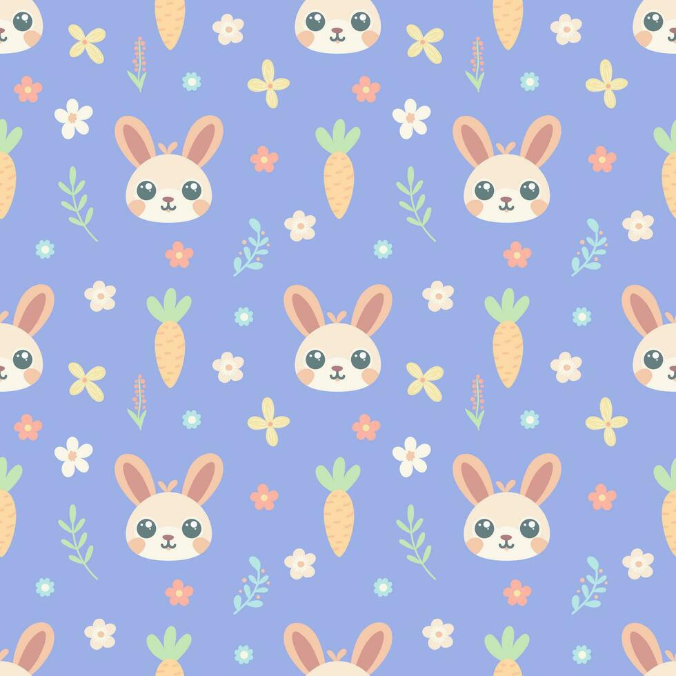 söt barnslig sömlös mönster med kanin, morot och blommor på en blå bakgrund vektor