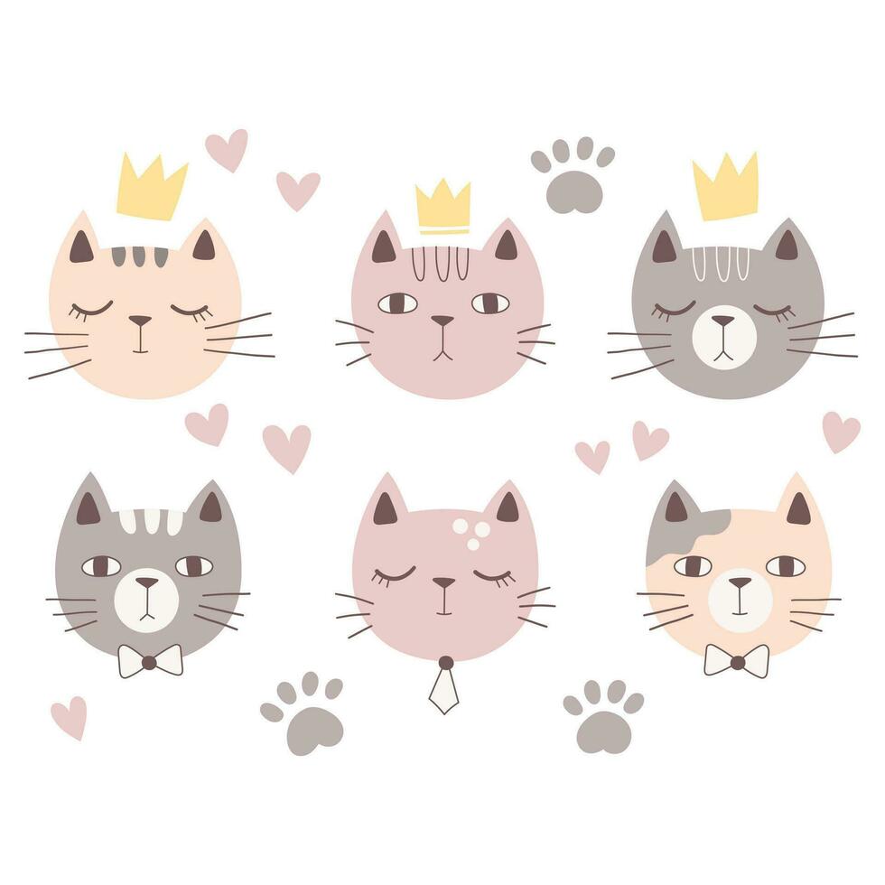 uppsättning av söt klotter katter i pastell färger med krona, hjärta och fotavtryck vektor