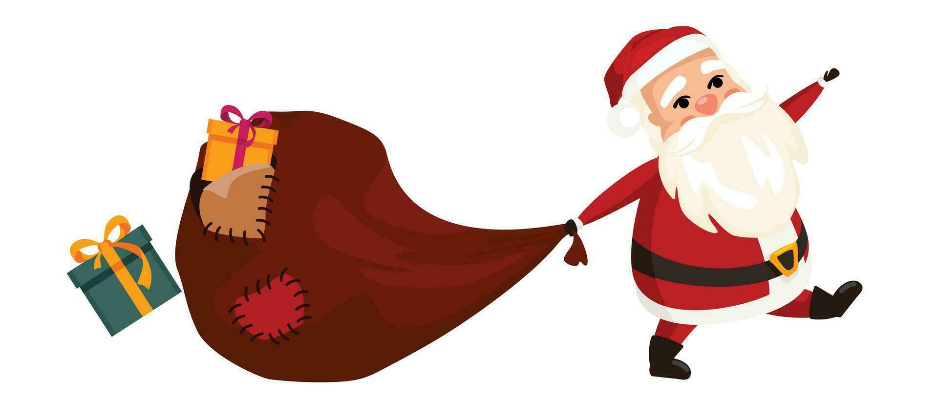 santa claus med en knippa av presenter, tomten med en väska av gåvor, bär, drar på en släde. platt, cardun, jul eve och ny år. vektor