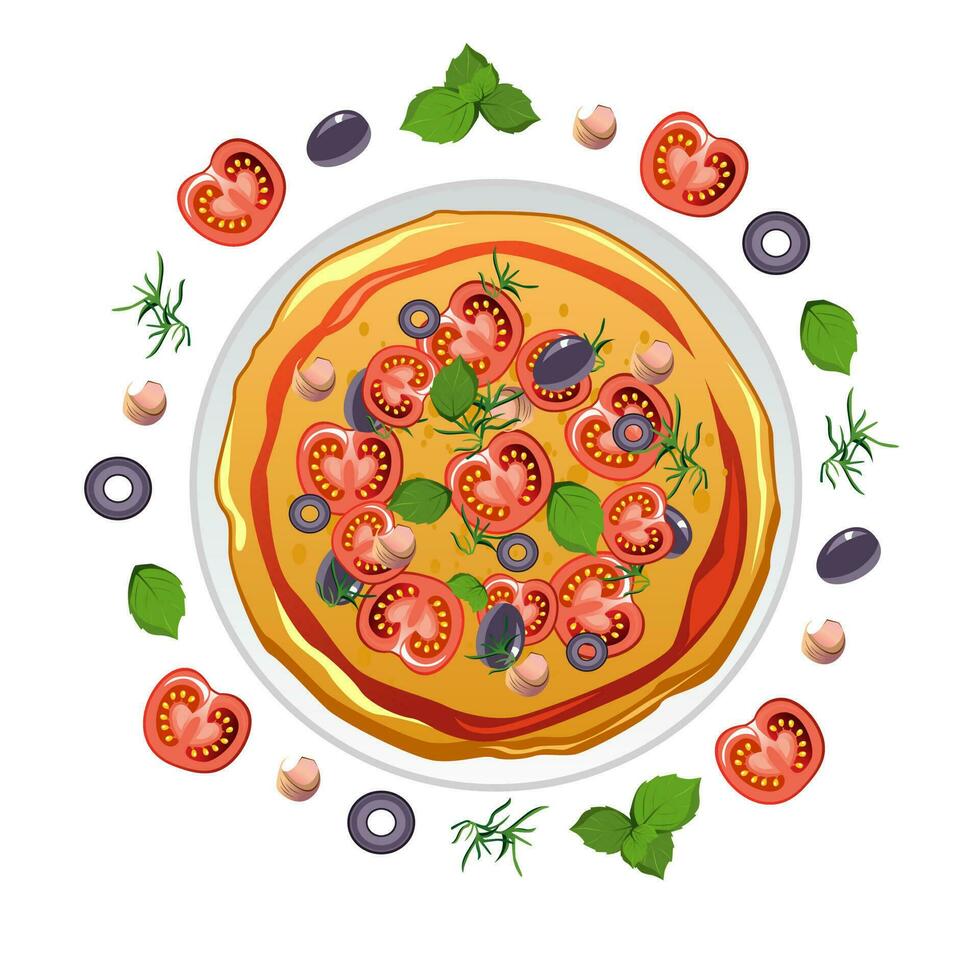 frisch Marinara Pizza mit verschiedene Zutaten. oben Aussicht ganze Pizza mit Tomaten, Oliven, Basilikum und Käse. Italienisch Pizza. Vektor Illustration