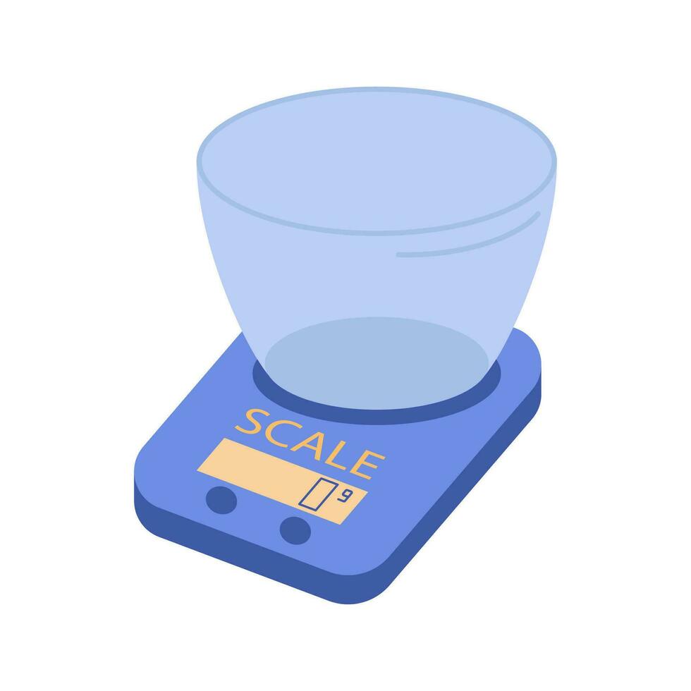 Blau Küche Rahmen isoliert auf ein Weiß Hintergrund. elektronisch Balance zum Messung das Gewicht von Produkte. Gerät und Gerät zum Kochen. eben Vektor Illustration