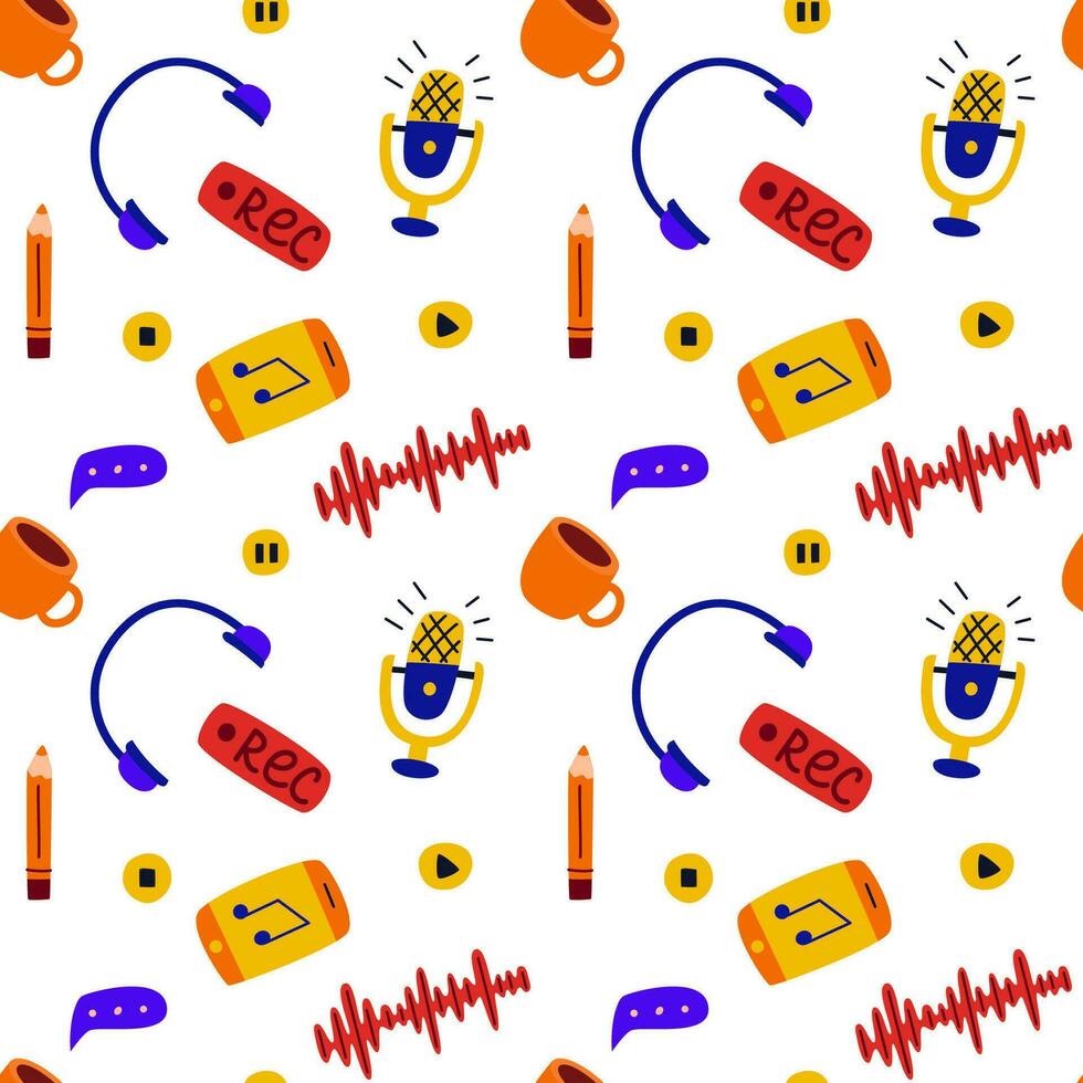 Podcast nahtlos Muster. Gekritzel drucken mit Kopfhörer, Mikrofon, Telefon, Bleistift, Tasse, Aufzeichnung Taste, spielen, stoppen, Pause. großartig zum Podcasts, Radio Interviews oder online Lernen. Vektor Illustration