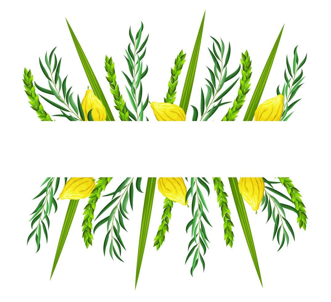 Sukkot Gruß Karte mit leer Raum zum Glückwunsch Text. Fest von Tabernakel, Festival von sammeln. traditionell Symbole ist etrog - - Zitrone, lulav - - Palme Zweig, hadas - - Myrte, arava - - Weide vektor