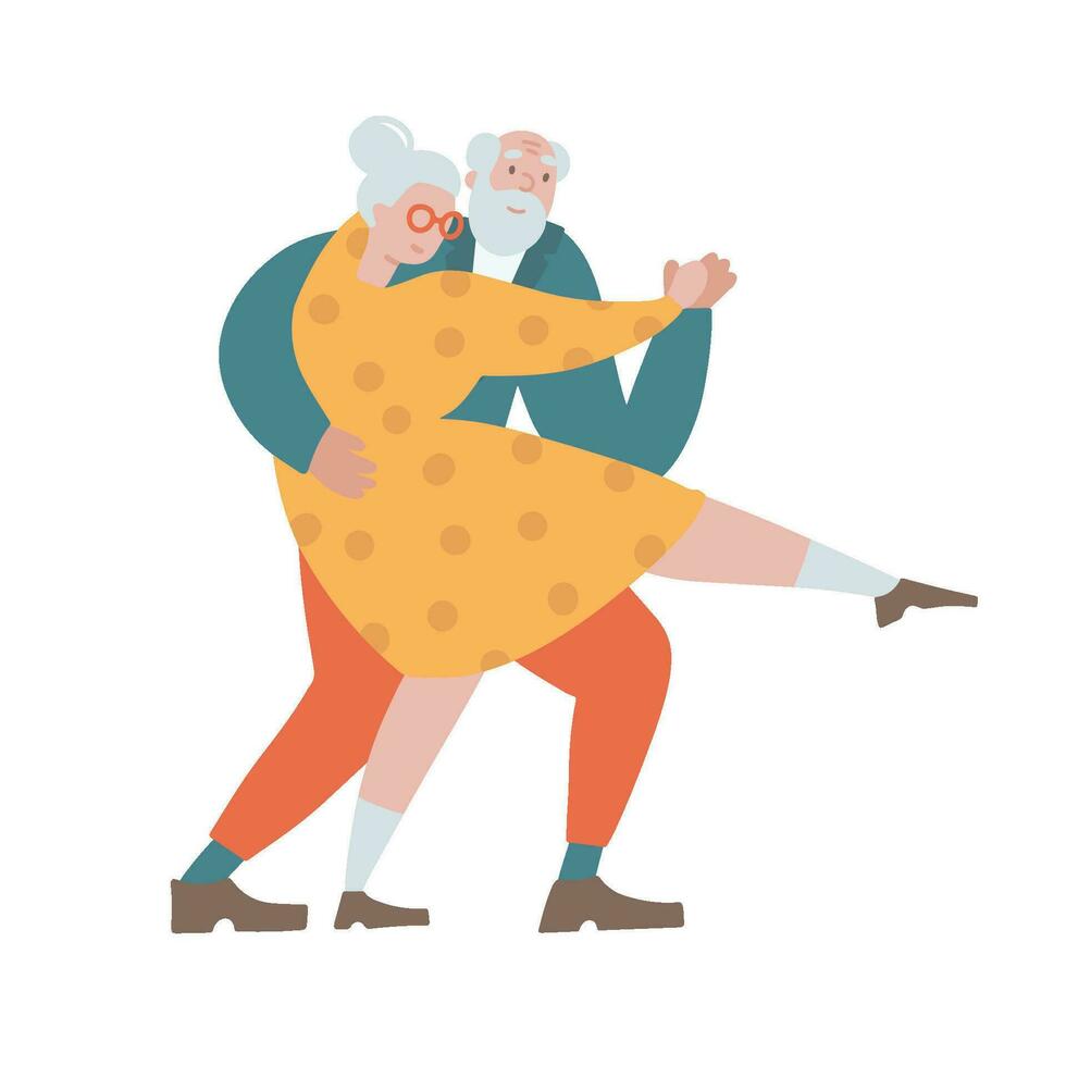 rolig senior par människor dans tango tillsammans. gammal man och kvinna dans retro populär romantisk dansa, roman av mormor och morfar på pension. isolerat hand dragen platt vektor illustration.