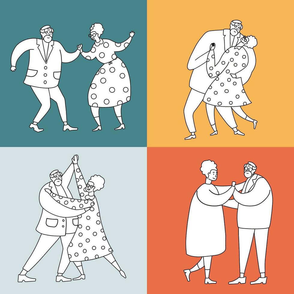 äldre dansare uppsättning. retro svart och vit gammal människor ha roligt. aktiva pensionärer begrepp. årgång svart linjär silhuetter av dansare. silhuett av en par dans. klotter vektor illustration