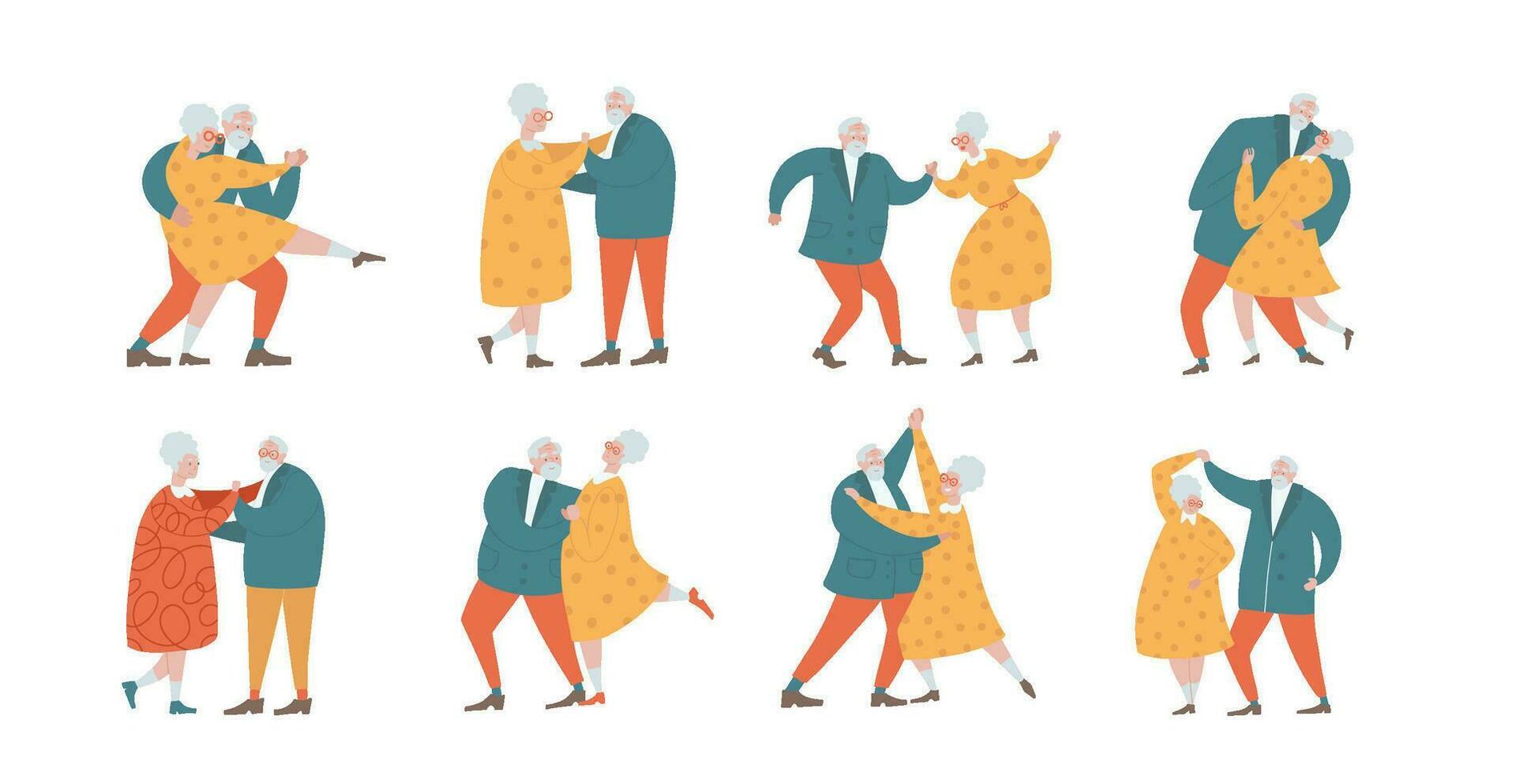 groß einstellen von Senior Paare tanzen, Alten Menschen romantisch Beziehungen Konzept. alt Männer und Frauen umarmen, halten Hände während Tanzen. alt Zeichen Hobby. eben Hand gezeichnet Karikatur Vektor Illustration