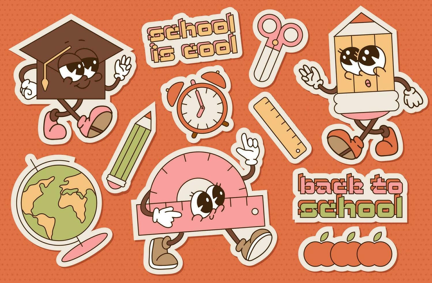 zurück zu Schule retro groovig Aufkleber Pack. Jahrgang Bildung Konzeption. funky süß Schreibwaren Figuren. Kontur eben Vektor Illustration.