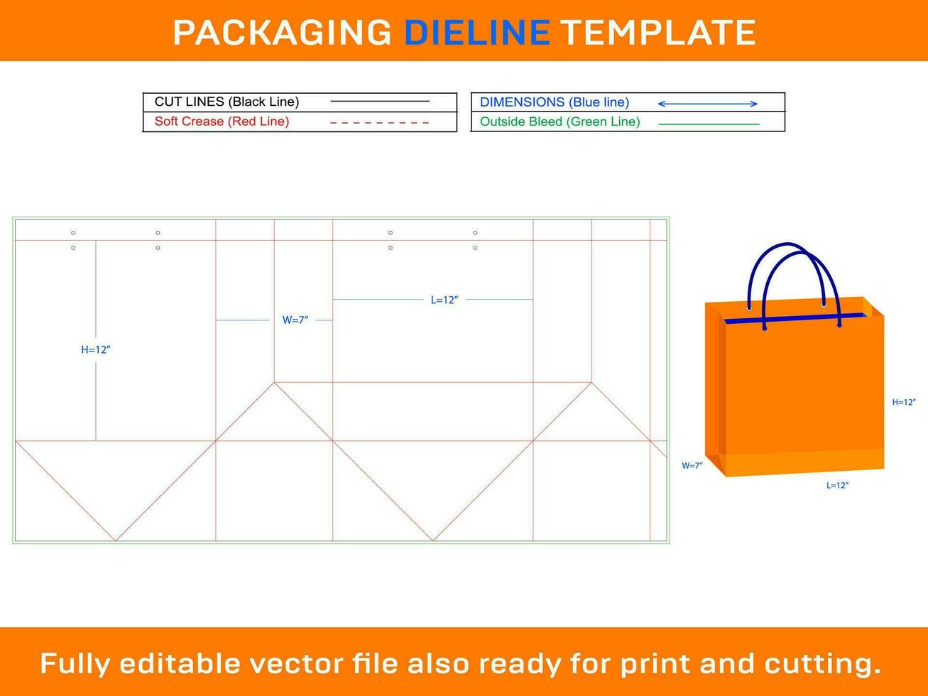 fyrkant handla väska 12x7x12 tum Död linje mall vektor