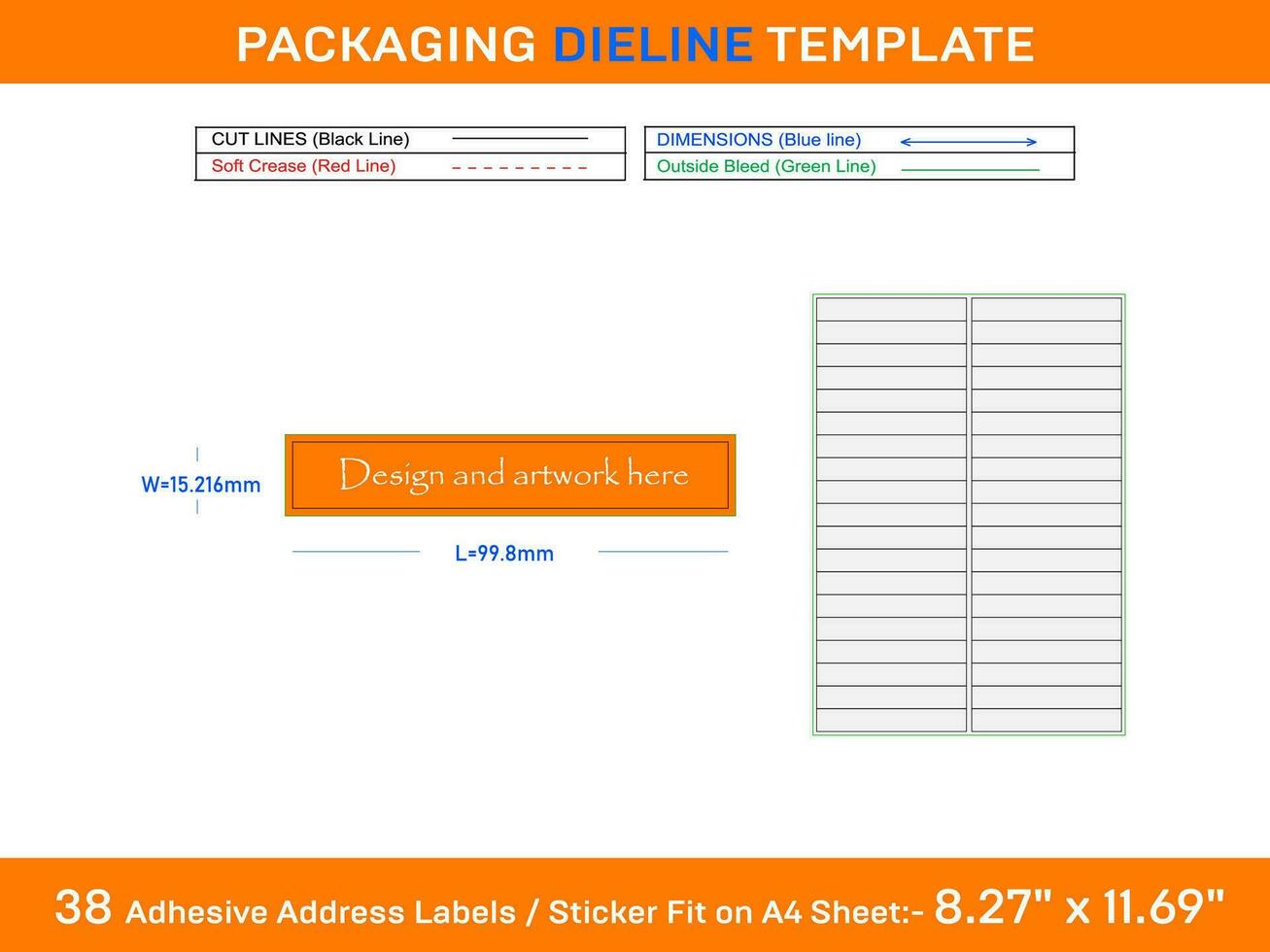 38 Klebstoff Adresse Etiketten Dieline Vorlage 99,8 x 15,216 mm vektor