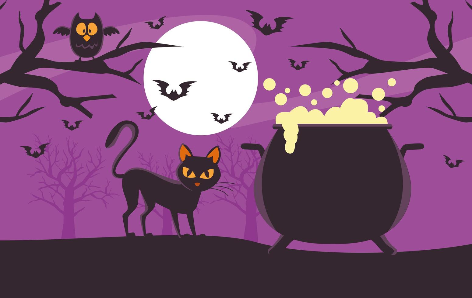 lyckligt halloween-kort med häxkittel och katt vektor