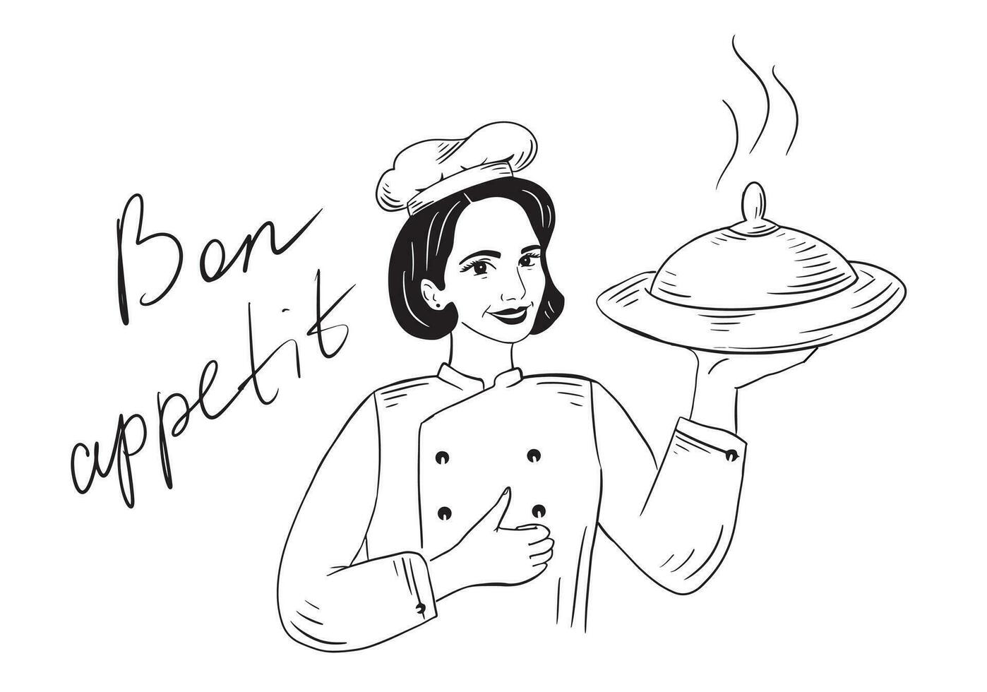 Koch Koch Mädchen hält ein köstlich Gericht im ihr Hände und wünscht sich Sie bon Appetit.Restaurant Geschäft konzept.vektor Illustration. vektor